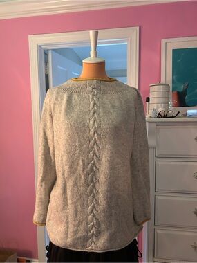 Cozy Cable-Back Crewneck Sweater in Light Gray with Mustard Trim